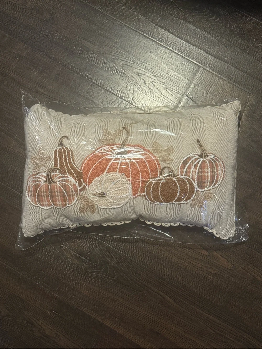 Autumn Pumpkin Embroidered Throw Pillow - Beige and Orange